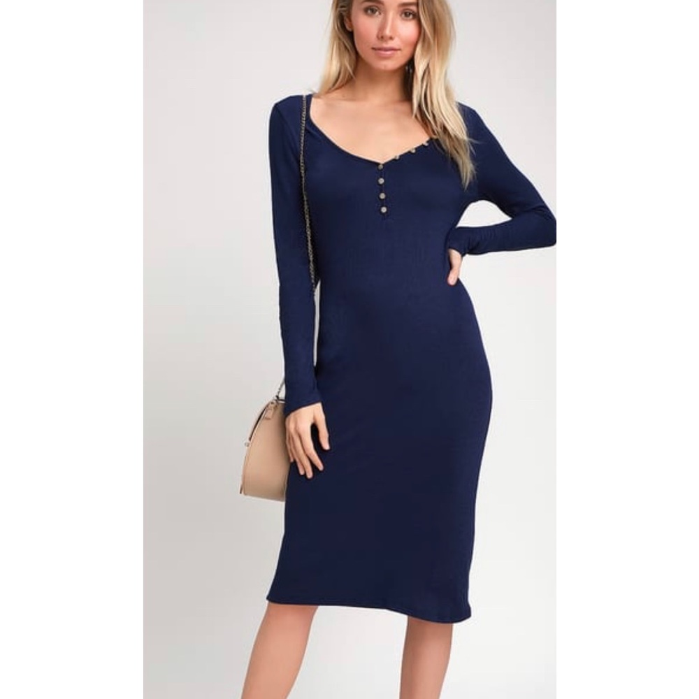 Lulus Crestline Navy Blue Ribbed
Long Sleeve Bodycon Midi Dress